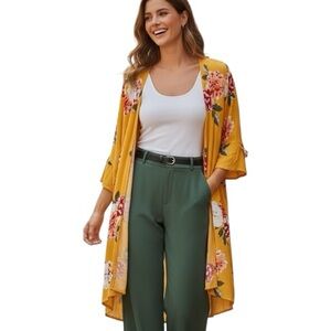 Davi & Dani Medium Floral Yellow Long Lightweight Cardigan Coverup Ruffle Boho